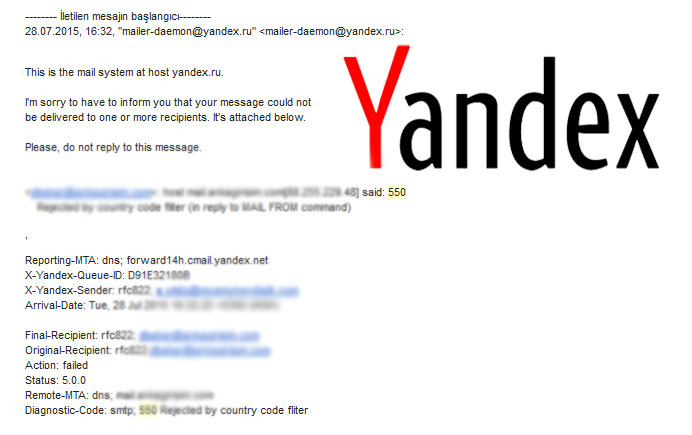 SOLVED - Yandex said- 550 Rejected by country code fliter (in reply to MAIL FROM command)